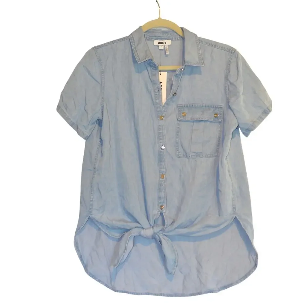 DKNY Women's Short-Sleeve Tie-Front in Light Chambray